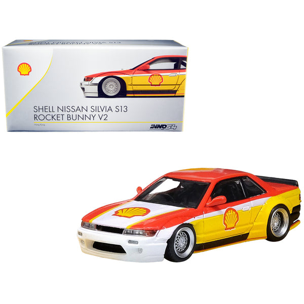 Nissan Silvia S13 Rocket Bunny V2 RHD (Right Hand Drive) Yellow and Red with White "Shell" 1/64 Diecast Model Car by Inno Models