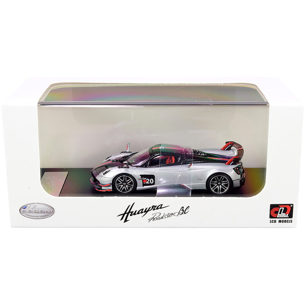 Pagani Huayra Roadster BC Silver Metallic and Carbon with Red and White Stripes 1/64 Diecast Model Car by LCD Models