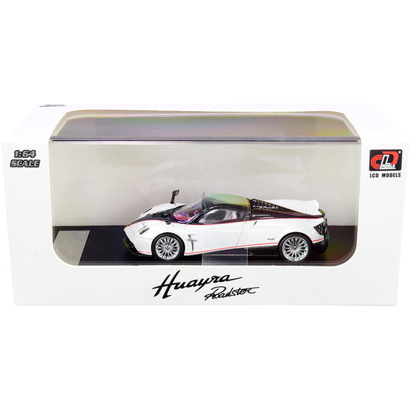 Pagani Huayra Roadster White Metallic and Carbon with Red Stripes 1/64 Diecast Model Car by LCD Models