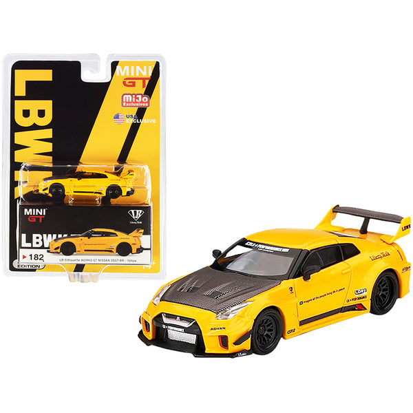 Nissan 35GT-RR Ver.1 LB-Silhouette WORKS GT RHD (Right Hand Drive) Yellow with Carbon Hood Limited Edition 1/64 Diecast Model Car by True Scale Miniatures