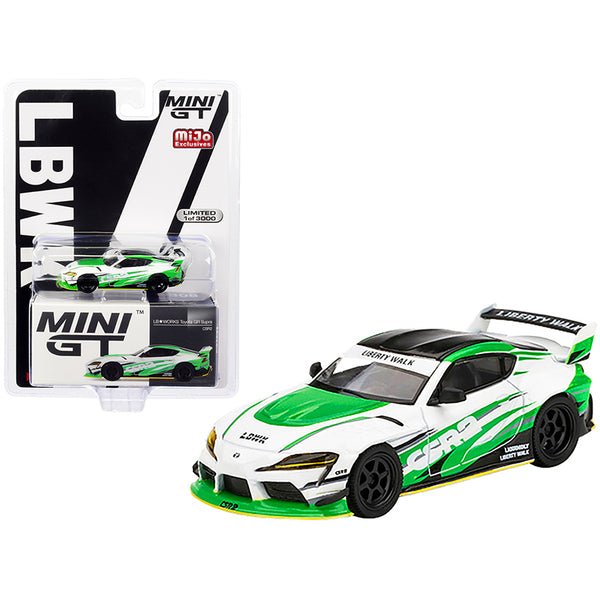 Toyota GR Supra CSR2 LB WORKS RHD (Right Hand Drive) White and Bright Green with Black Top Limited Edition to 3000 pieces Worldwide 1/64 Diecast Model Car by True Scale Miniatures