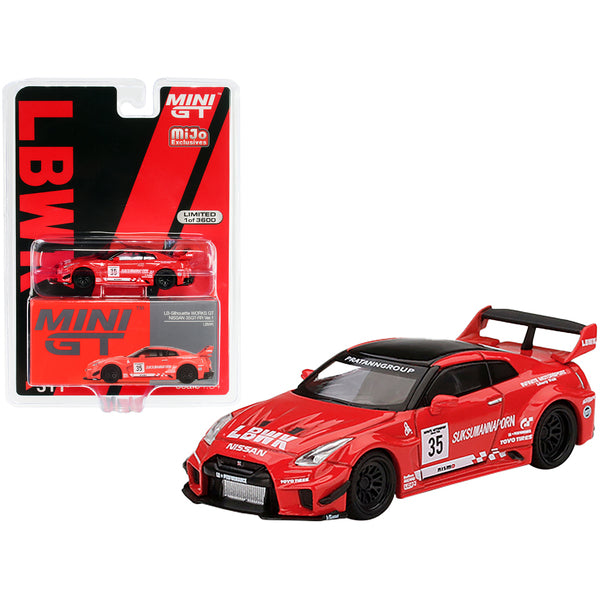 Nissan 35GT-RR Ver.1 LB-Silhouette Works GT LBWK RHD (Right Hand Drive) #35 Red with Black Top and Graphics Limited Edition to 3600 pieces Worldwide 1/64 Diecast Model Car by True Scale Miniatures