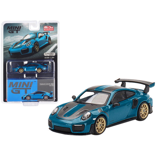 Porsche 911 GT2 RS Weissach Package Miami Blue with Carbon Stripes Limited Edition to 3600 pieces Worldwide 1/64 Diecast Model Car by True Scale Miniatures