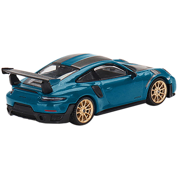 Porsche 911 GT2 RS Weissach Package Miami Blue with Carbon Stripes Limited Edition to 3600 pieces Worldwide 1/64 Diecast Model Car by True Scale Miniatures