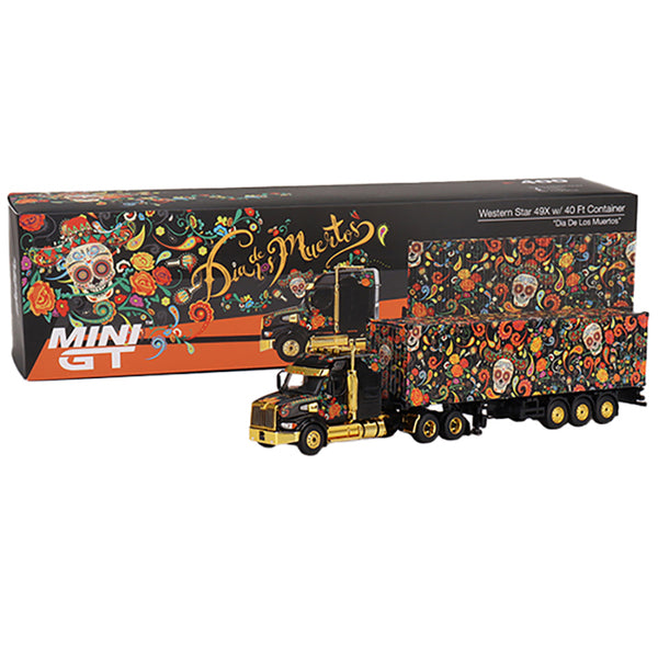 Western Star 49X with 40 Ft Container "Dia de los Muertos" (Day of the Dead) Black with Graphics 1/64 Diecast Model by True Scale Miniatures