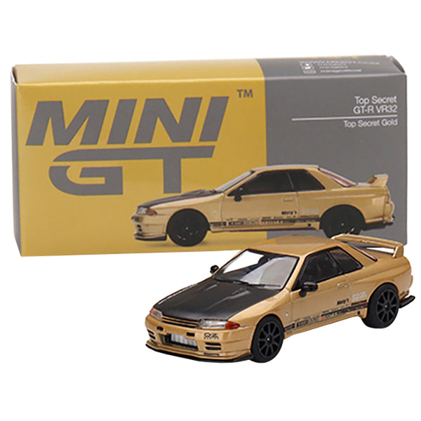 Nissan Skyline GT-R VR32 "Top Secret" RHD (Right Hand Drive) Gold Metallic with Black Hood 1/64 Diecast Model Car by True Scale Miniatures