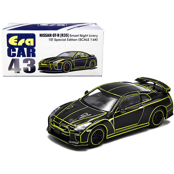 Nissan GT-R (R35) RHD (Right Hand Drive) Smart Night Livery Black with Yellow Stripes "1st Special Edition" 1/64 Diecast Model Car by Era Car