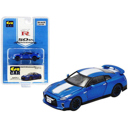 Nissan GT-R RHD (Right Hand Drive) Bayside Blue with White Stripe "50th Anniversary Edition" Limited Edition to 1200 pieces 1/64 Diecast Model Car by Era Car