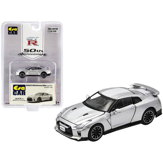 Nissan GT-R RHD (Right Hand Drive) Super Silver with White Stripe "50th Anniversary Edition" Limited Edition to 1200 pieces 1/64 Diecast Model Car by Era Car