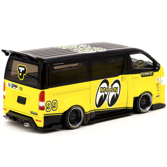 Toyota Hiace Widebody Van RHD (Right Hand Drive) #99 "Mooneyes Team Van" Yellow and Black with Graphics "Hobby43" 1/43 Diecast Model Car by Tarmac Works