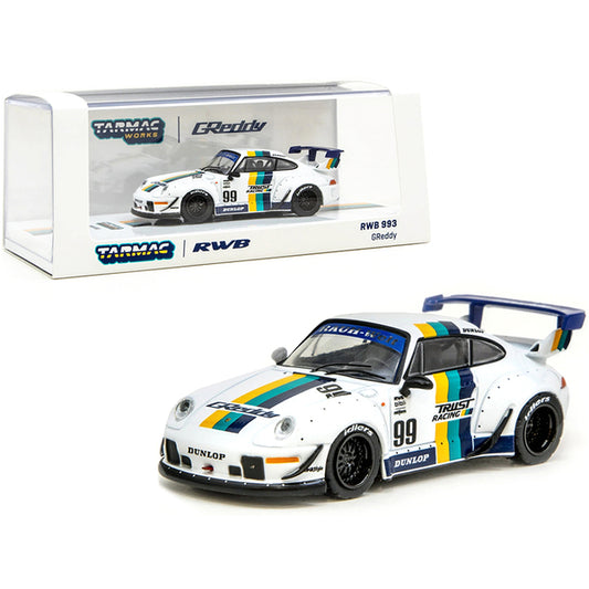 Porsche RWB 993 #99 "GReddy" White with Stripes "RAUH-Welt BEGRIFF" 1/64 Diecast Model Car by Tarmac Works