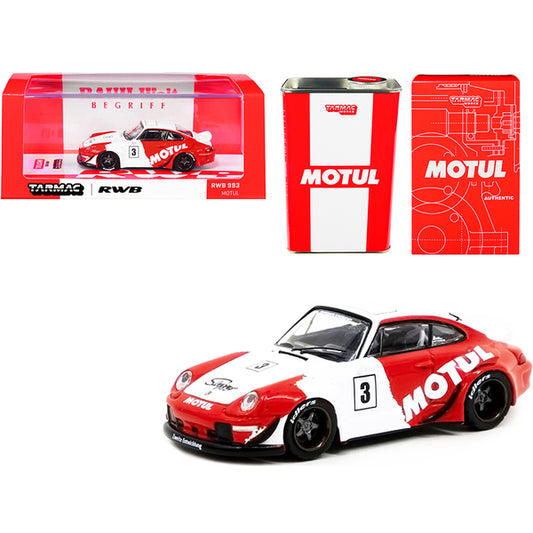 RWB 993 #3 "Motul" Red and White with METAL OIL CAN "RAUH-Welt BEGRIFF" 1/64 Diecast Model Car by Tarmac Works