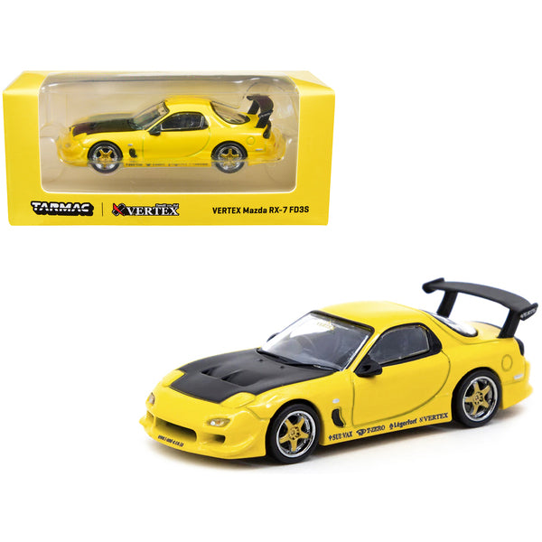 Mazda VERTEX RX-7 FD3S RHD (Right Hand Drive) Yellow Metallic with Black Hood "Global64" Series 1/64 Diecast Model Car by Tarmac Works