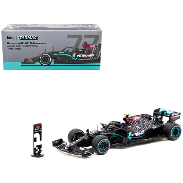 Mercedes-AMG F1 W11 EQ Performance #77 Valtteri Bottas Winner Formula One F1 Austrian GP (2020) with Number Board "Global64" Series 1/64 Diecast Model Car by Tarmac Works