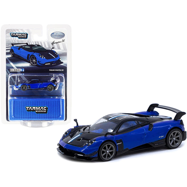 Pagani Huayra BC Blue Francia Metallic and Black with Stripes and Blue Interior "Global64" Series 1/64 Diecast Model Car by Tarmac Works