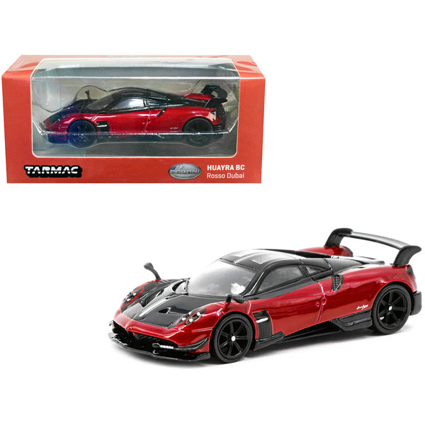 Pagani Huayra BC Rosso Dubai Red Metallic and Black with Silver Stripes "Global64" Series 1/64 Diecast Model Car by Tarmac Works