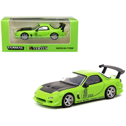 Vertex RX-7 FD3S RHD (Right Hand Drive) Light Green with Matt Black Hood and Graphics "Global64" Series 1/64 Diecast Model Car by Tarmac Works