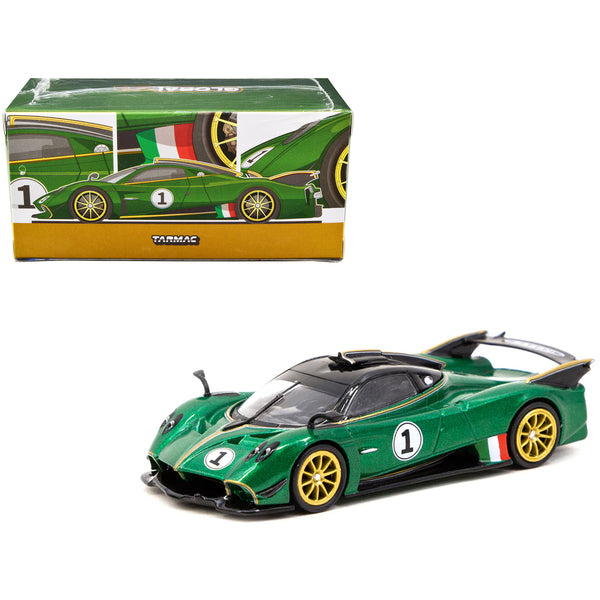 Pagani Huayra R #1 Verde Trifoglio Green Metallic with Black Top and Gold Stripes "Global64" Series 1/64 Diecast Model Car by Tarmac Works