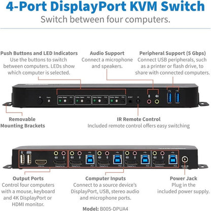 Tripp Lite DisplayPort USB KVM Switch 4-Port 4K 60Hz HDR DP 1.4 USB Sharing