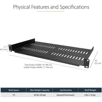 StarTech.com 1U Vented Server Rack Cabinet Shelf - Fixed 10in Deep Cantilever Rackmount Tray for 19" Data/AV/Network Enclosure w/Cage Nuts