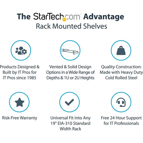 StarTech.com 2U 16in Universal Vented Rack Mount Cantilever Shelf - Fixed Server Rack Cabinet Shelf - 50lbs / 22kg