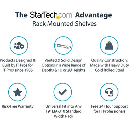 StarTech.com 2U 16in Universal Vented Rack Mount Cantilever Shelf - Fixed Server Rack Cabinet Shelf - 50lbs / 22kg