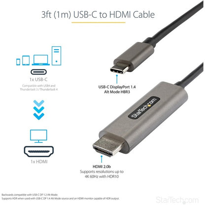 StarTech.com 3ft (1m) USB C to HDMI Cable 4K 60Hz with HDR10, Ultra HD USB Type-C to HDMI 2.0b Video Adapter Cable, DP 1.4 Alt Mode HBR3