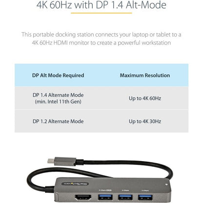 StarTech.com USB C Multiport Adapter, USB-C to HDMI 4K 60Hz (HDR10), 100W PD Pass-Through, 4xUSB 3.0, USB Type-C Mini Dock, 12" Long Cable