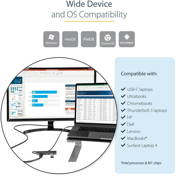 StarTech.com USB C Multiport Adapter, USB-C to HDMI 4K 60Hz (HDR10), 100W PD Pass-Through, 4xUSB 3.0, USB Type-C Mini Dock, 12" Long Cable
