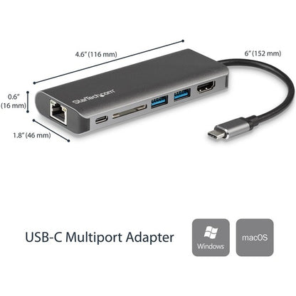 StarTech.com USB C Multiport Adapter - Portable USB Type-C Travel Dock - 4K HDMI, 2-pt USB Hub, SD, GbE, 60W PD Pass-Through - Laptop Dock