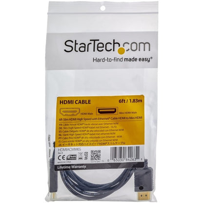 StarTech.com 6ft Mini HDMI to HDMI Cable with Ethernet, 4K 30Hz High Speed Slim Mini HDMI 1.4 (Type-C) Device to HDMI Adapter Cable/Cord