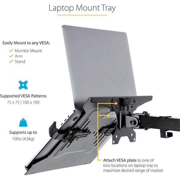 StarTech.com VESA Laptop Tray, Adjustable Monitor Arm Laptop Tray, Secures Notebooks up to 4.5kg (9.9lb), 75x75 &amp; 100x100 VESA, Ventilated