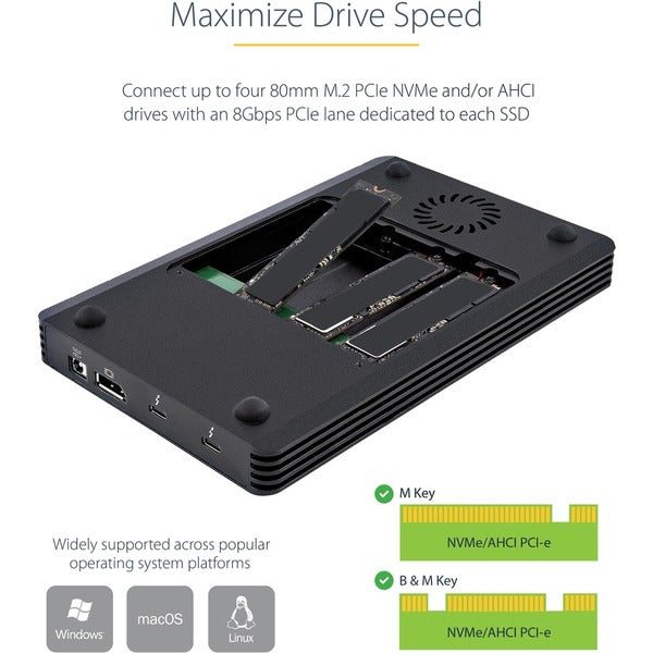 StarTech.com 4 Bay Thunderbolt 3 NVMe Enclosure, For M.2 NVMe SSD Drives, 1x DisplayPort Video and 2x TB3 Downstream Ports, 40Gbps