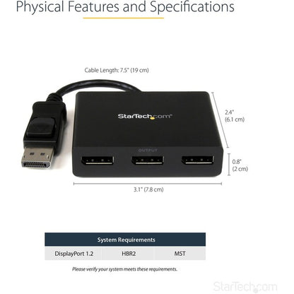 StarTech.com 3-Port Multi Monitor Adapter, DisplayPort 1.2 MST Hub, Dual 4K, 1x 1080p, Video Splitter for Extended Desktop Mode, Windows