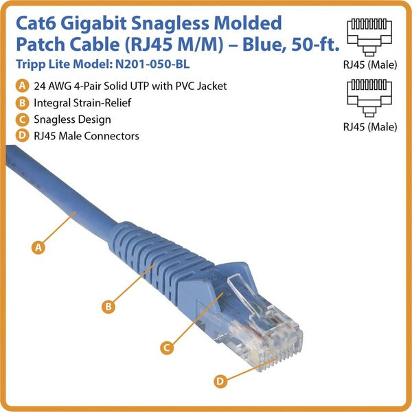 Tripp Lite Cat6 Gigabit Snagless Molded Patch Cable (RJ45 M/M) Blue, 50'