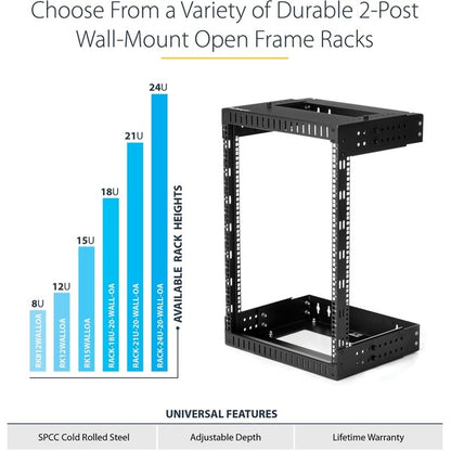 StarTech.com 15U 19" Wall Mount Network Rack - Adjustable Depth 12-20" Open Frame for Server Room /AV/Data/Computer Equipment w/Cage Nuts