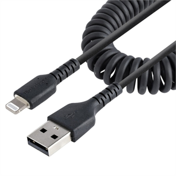 StarTech.com 50cm/20in USB to Lightning Cable, MFi Certified, Coiled iPhone Charger Cable, Black, Durable TPE Jacket Aramid Fiber