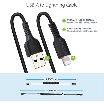 StarTech.com 50cm/20in USB to Lightning Cable, MFi Certified, Coiled iPhone Charger Cable, Black, Durable TPE Jacket Aramid Fiber