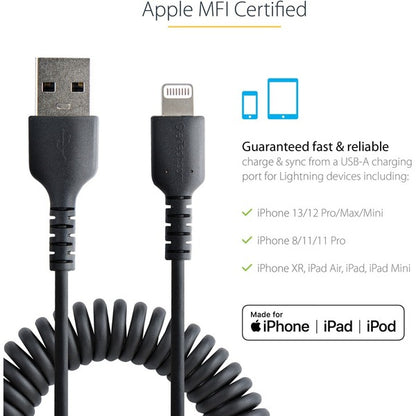 StarTech.com 50cm/20in USB to Lightning Cable, MFi Certified, Coiled iPhone Charger Cable, Black, Durable TPE Jacket Aramid Fiber