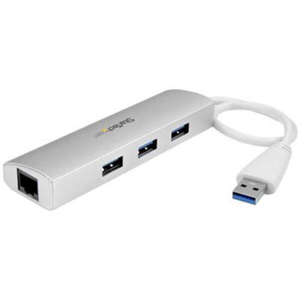 StarTech.com 3 Port Portable USB 3.0 Hub plus Gigabit Ethernet - Built-In Cable - Aluminum USB Hub with GbE Adapter