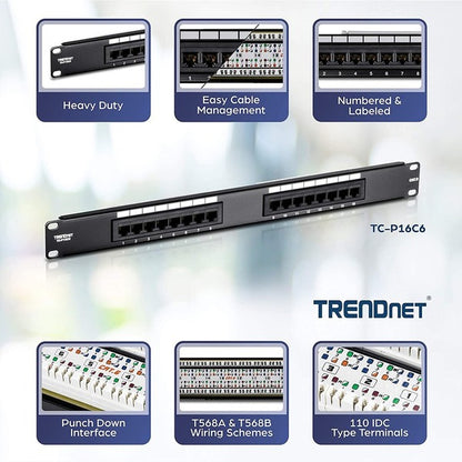 TRENDnet 16-Port Cat6 Unshielded Patch Panel, Wallmount Or Rackmount, 1U 19" , Cat3,Cat4,Cat5,Cat5e,Cat6 Compatible, 250Mhz Connection, Ideal For Copper Gigabit Ethernet Connections, Black, TC-P16C6