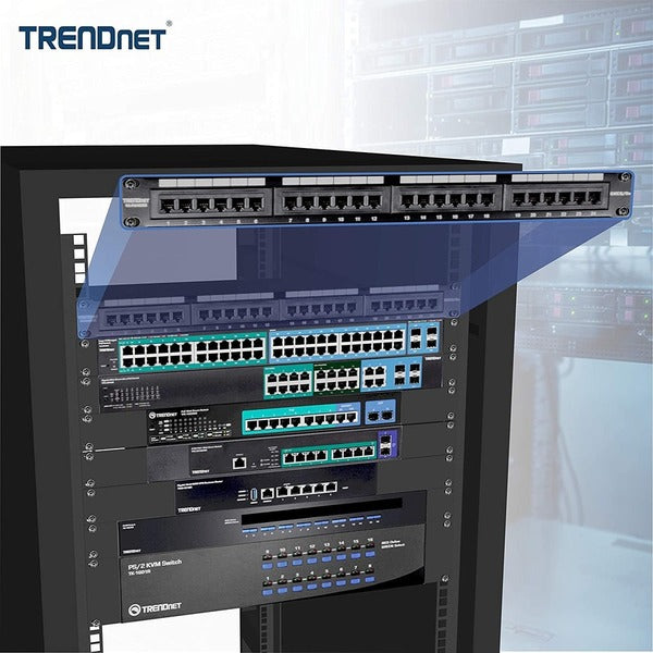 TRENDnet 24-Port Cat5-5e RJ-45 UTP Unshielded Patch Panel, Wallmount or Rackmount, 100Mhz, Color-Coded Labeling, Cat5,Cat5e,Cat4,Cat3 Compatible, 1U Rackmount, Black, TC-P24C5E