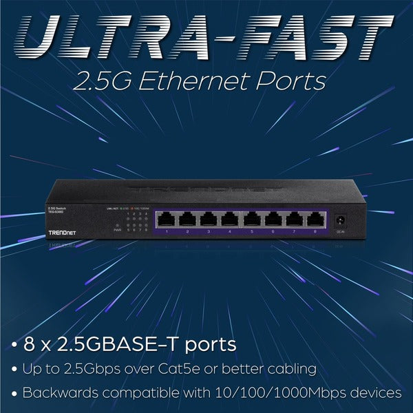 TRENDnet 8-Port Unmanaged 2.5G Switch, 8 x 2.5GBASE-T Ports, 40Gbps Switching Capacity, Backwards Compatible with 10-100-1000Mbps Devices, Fanless, Wall Mountable, Black, TEG-S380