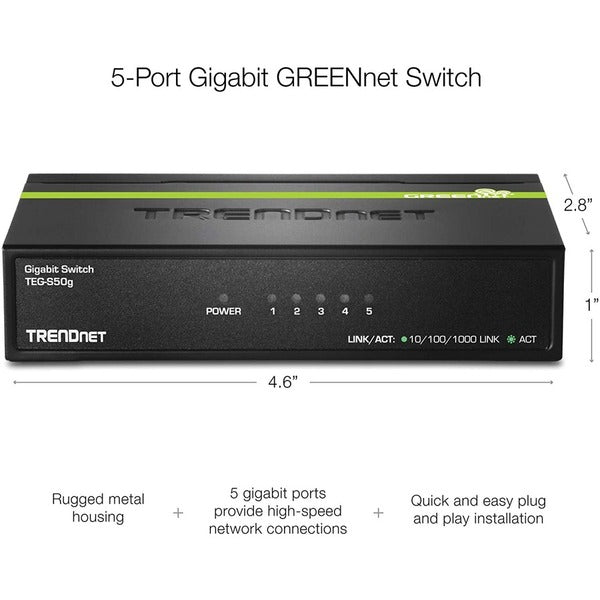 TRENDnet 5-Port Unmanaged Gigabit GREENnet Desktop Metal Switch, Ethernet-Network Switch, 5 x Gigabit Ports, Fanless, 10 Gbps Switching Fabric, Lifetime Protection, Black, TEG-S50g