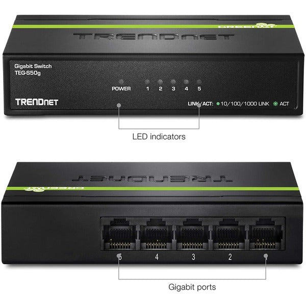 TRENDnet 5-Port Unmanaged Gigabit GREENnet Desktop Metal Switch, Ethernet-Network Switch, 5 x Gigabit Ports, Fanless, 10 Gbps Switching Fabric, Lifetime Protection, Black, TEG-S50g