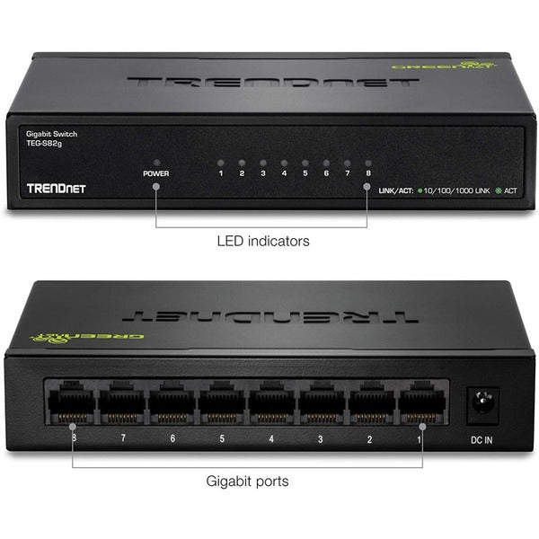 TRENDnet 8-Port Gigabit GREENnet Switch, Ethernet Network Switch, 8 x 10-100-1000 Mbps Gigabit Ethernet Ports, 16 Gbps Switching Capacity, Metal, Lifetime Protection, Black, TEG-S82G