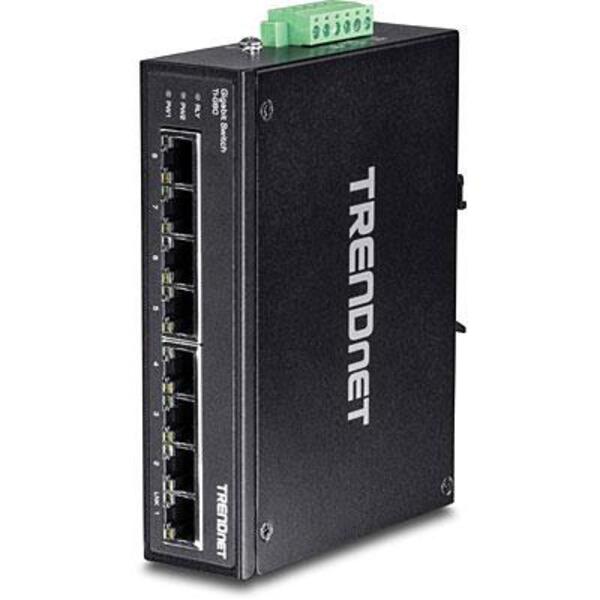 TRENDnet 8-Port Hardened Industrial Gigabit DIN-Rail Switch, 16 Gbps Switching Capacity, IP30 Rated Metal Housing (-40 to 167 ?F), DIN-Rail &amp; Wall Mounts Included, Lifetime Protection, Black, TI-G80