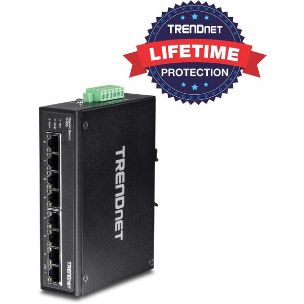 TRENDnet 8-Port Hardened Industrial Gigabit DIN-Rail Switch, 16 Gbps Switching Capacity, IP30 Rated Metal Housing (-40 to 167 ?F), DIN-Rail &amp; Wall Mounts Included, Lifetime Protection, Black, TI-G80