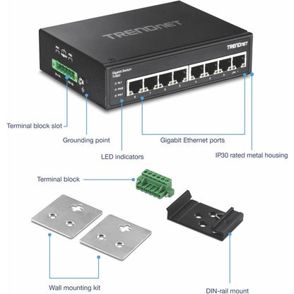 TRENDnet 8-Port Hardened Industrial Gigabit DIN-Rail Switch, 16 Gbps Switching Capacity, IP30 Rated Metal Housing (-40 to 167 ?F), DIN-Rail &amp; Wall Mounts Included, Lifetime Protection, Black, TI-G80