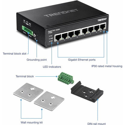 TRENDnet 8-Port Hardened Industrial Unmanaged Gigabit PoE+ DIN-Rail Switch, 200W Full PoE+ Power Budget, 16 Gbps Switching Capacity, IP30 Rated Network Switch, Lifetime Protection, Black, TI-PG80